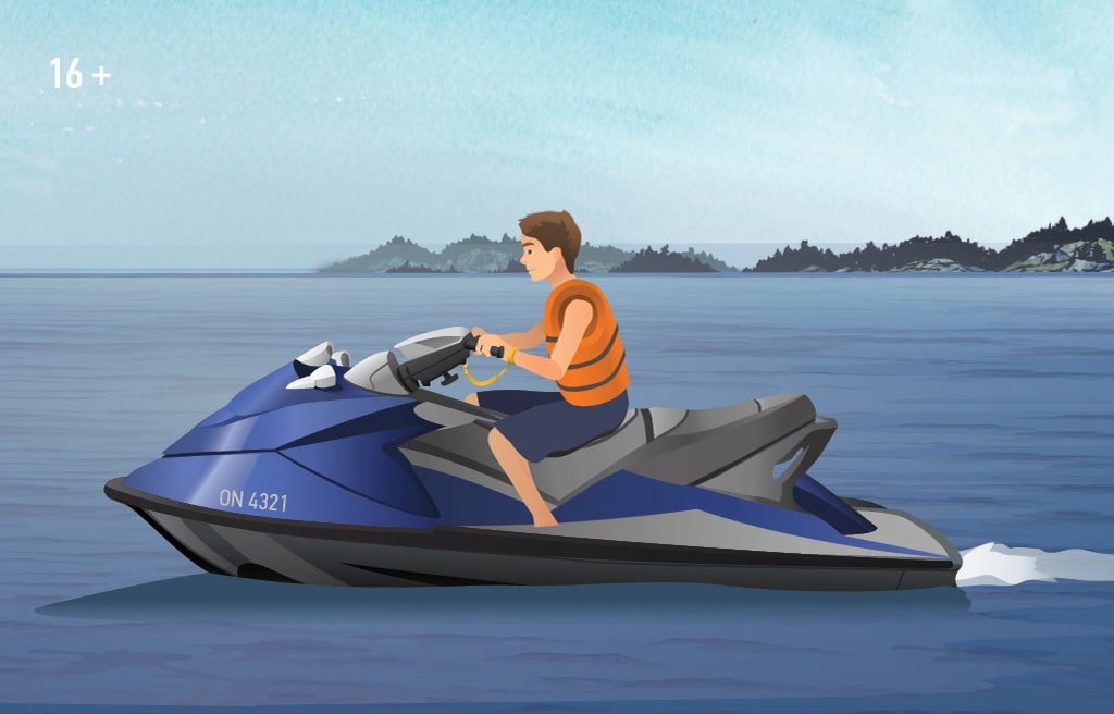 Illustration of a young man operating a personal watercraft (PWC). 