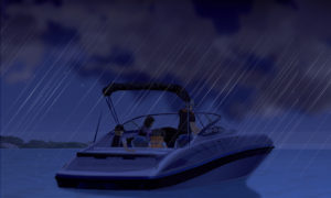 Illustration of boaters caught in bad weather, avoiding a boat accident. 