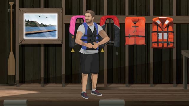 Illustration of a man inside a boat house where life jackets / pfds can be properly stored. 