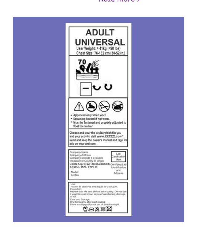 Illustration of new life jacket label indicating performance system