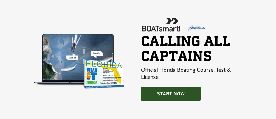 An image shows the BOATsmart! Florida boater education course, safety when boating in Florida concept.