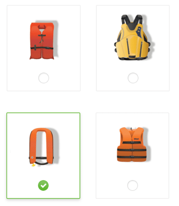 Four boxes showing different kinds of lifejackets, one of which has been highlighted as an answer to a question