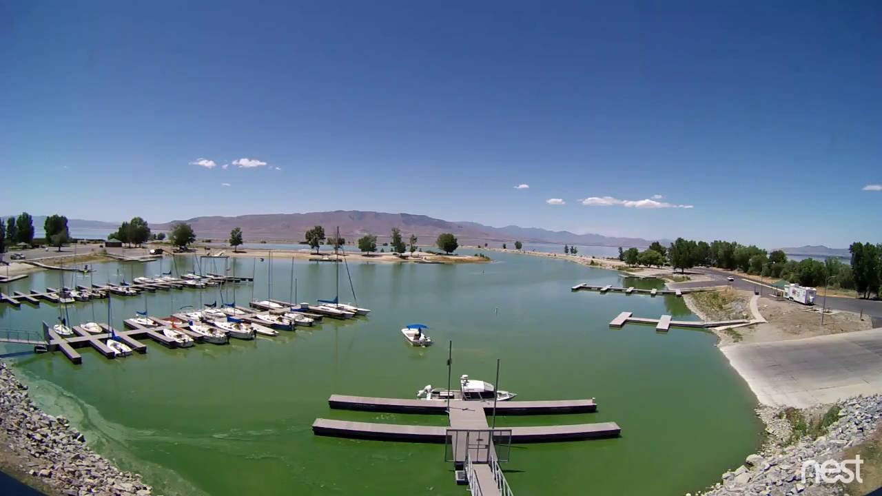 Boats docked on a lake in Utah. 