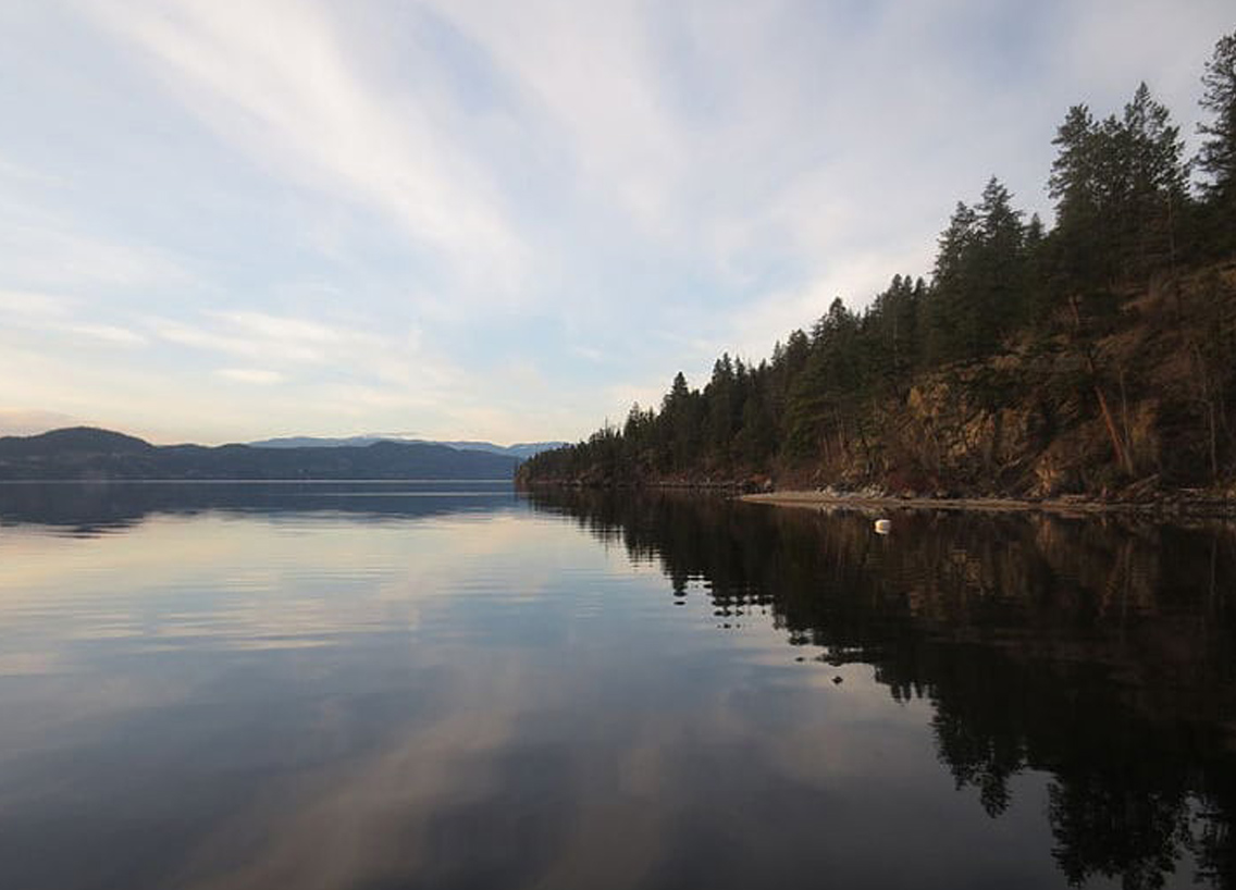 A lake showing the reflection of nearby trees on the water's surface. 
