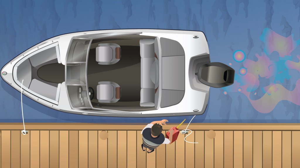 Illustration of a boater fueling a boat from a dock, protect the marine environment concept.