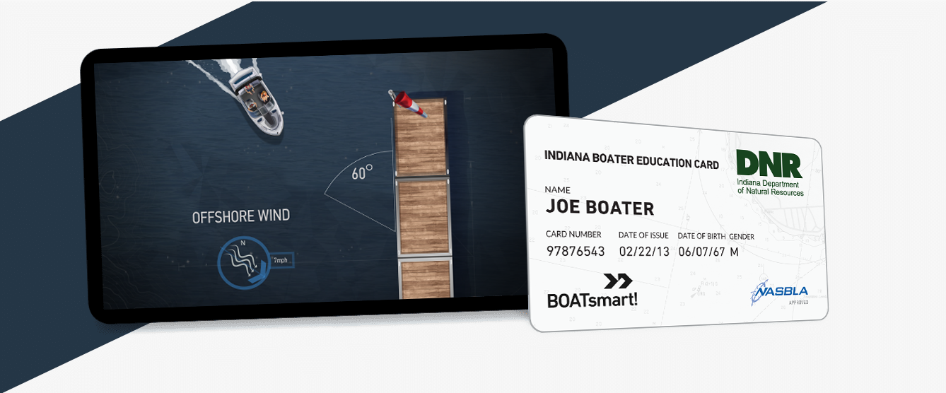 Illustration of the Indiana boat education card and BOATsmart! course.
