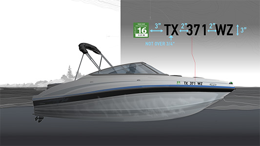 A graphic showing Texas boat registration number placement on the hull.