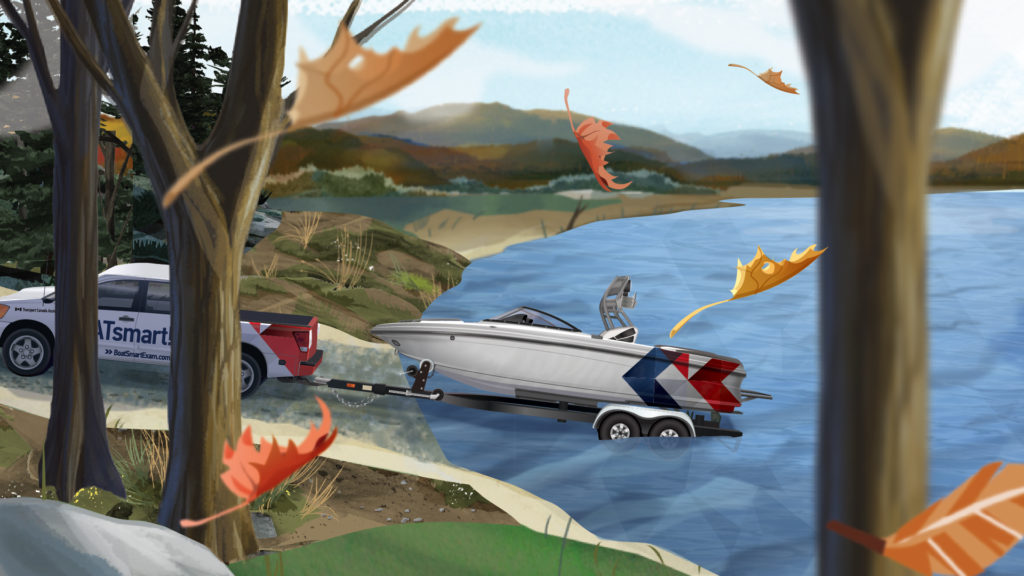 Illustration of a truck launching a boat in the water from a trailer. 
