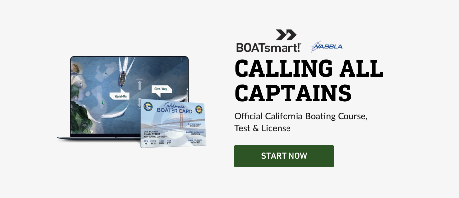 Graphic showing the BOATsmart! California course, safety when boating on Big Bear Lake concept. 