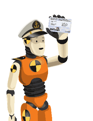 An illustration of a boater safety cartoon dummy holding a boating license, boating license in British Columbia concept.