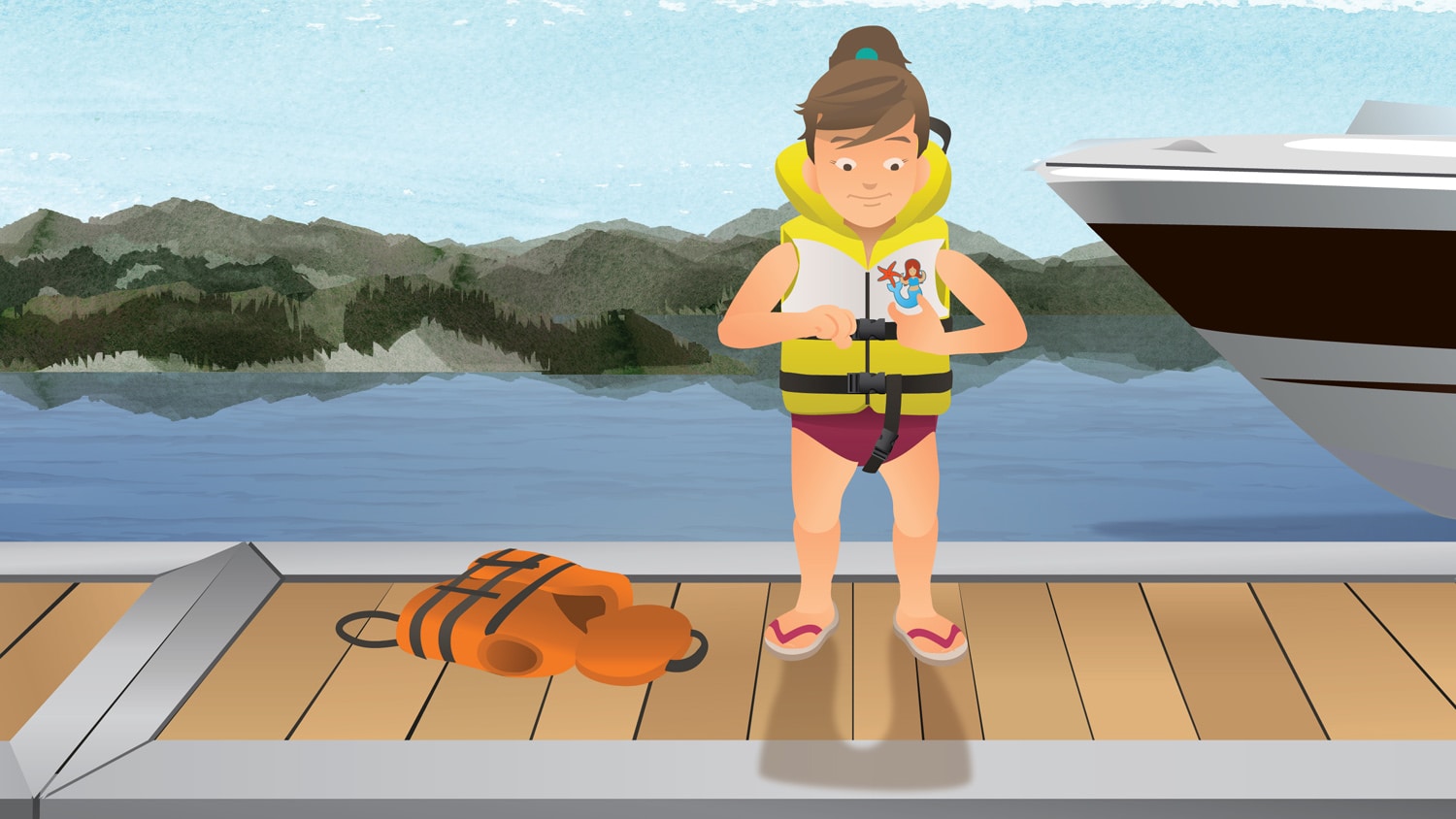 Child standing on dock wearing yellow children's style life jacket. Illustration.
