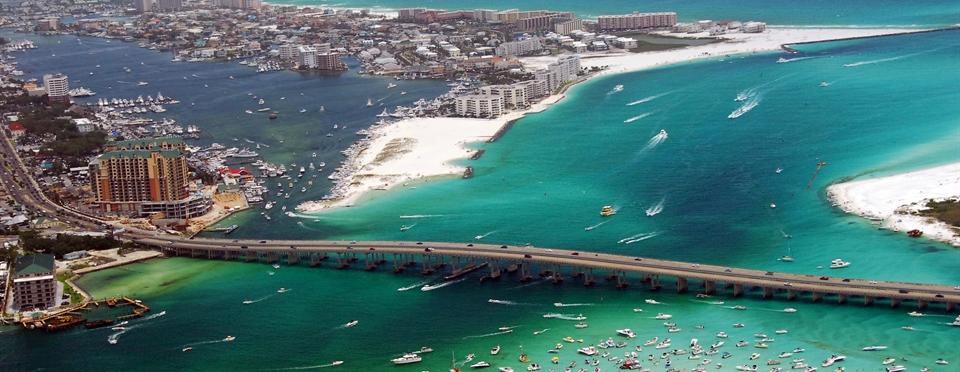 Aerial image of a busy beach on the Florida Panhandle