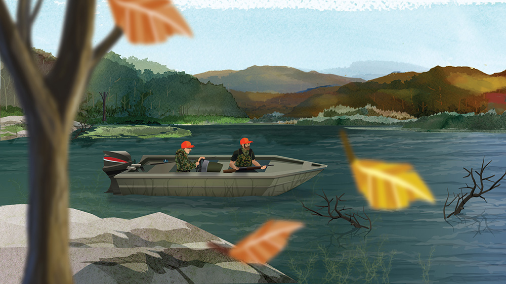 Illustration of two hunters on a boat.