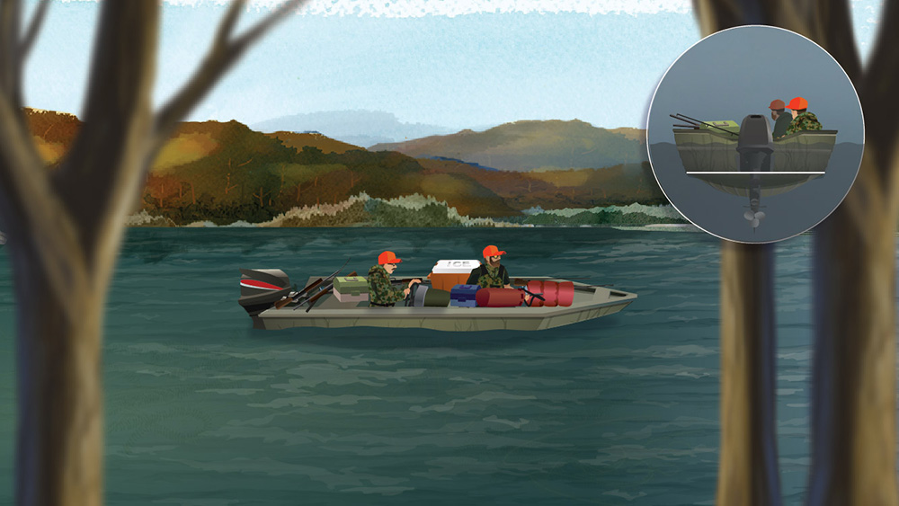 Illustration of hunters on board a boat, safety for hunters and anglers concept. 