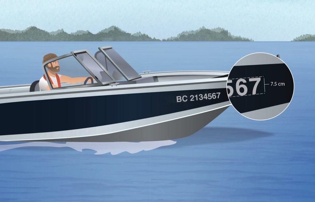 Illustration of a BC boat with a zoom-in call out image of a boat license number. 