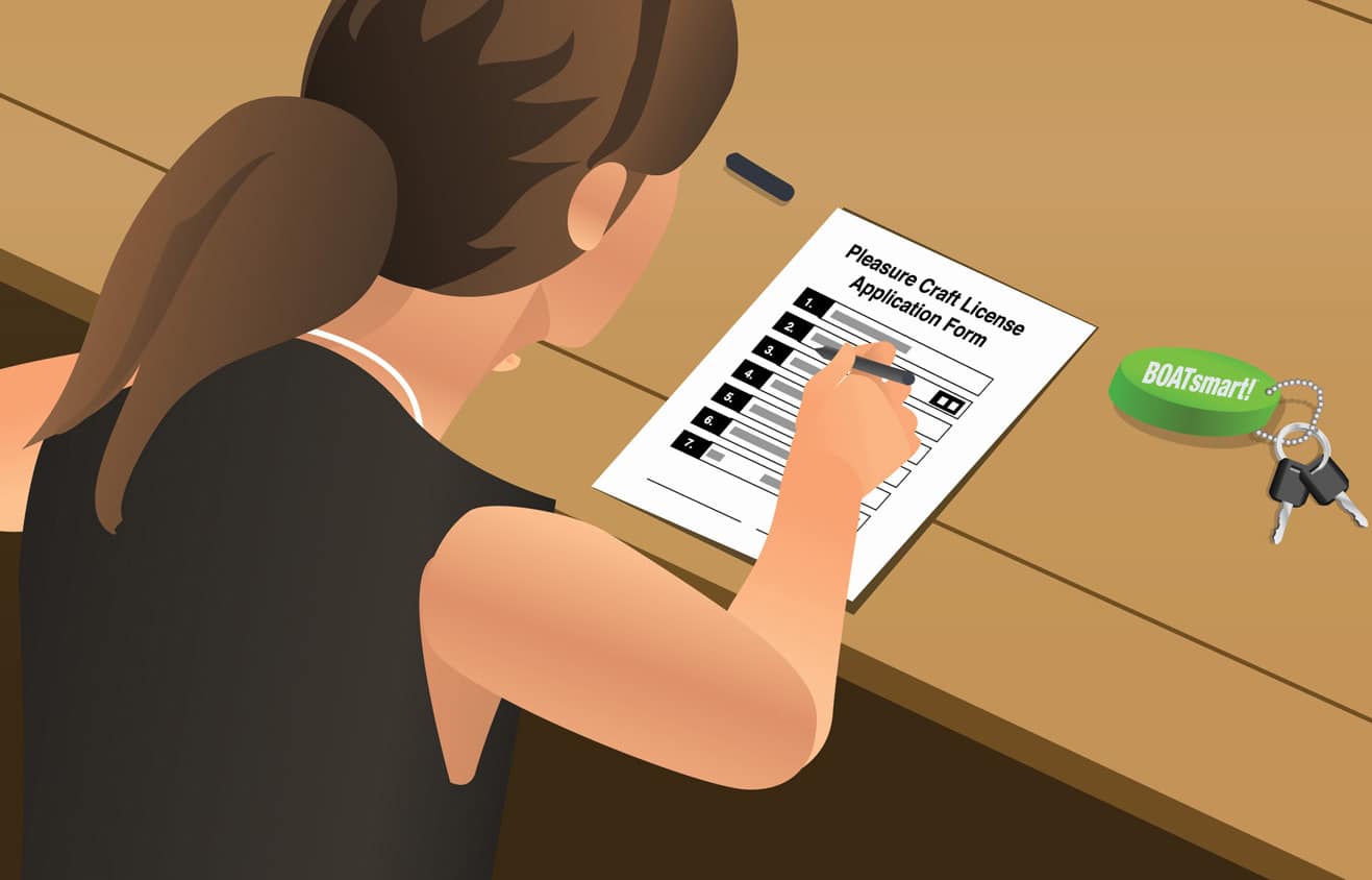 Illustration of a woman filling out a boat licensing application. 