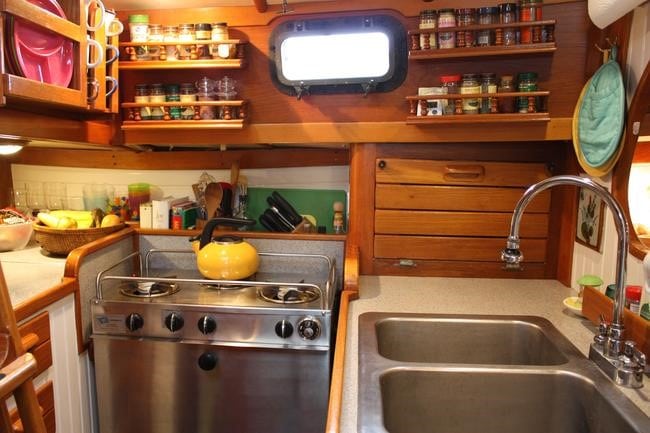A boat's galley and saloon, boating for beginners concept.