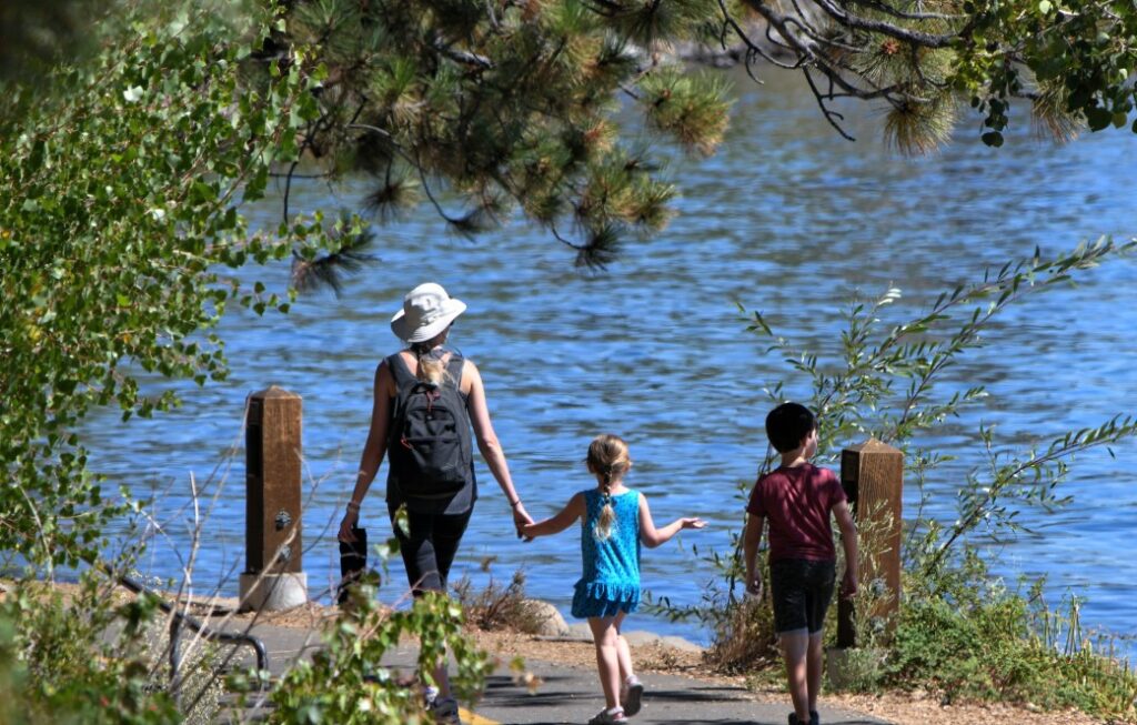 Family out for a stroll at Lake Tahoe
