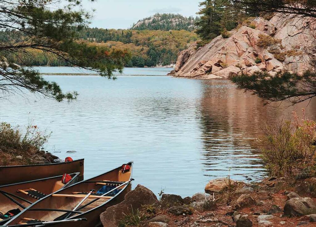 Canoes on the edge of Georgian Bay in Killarney