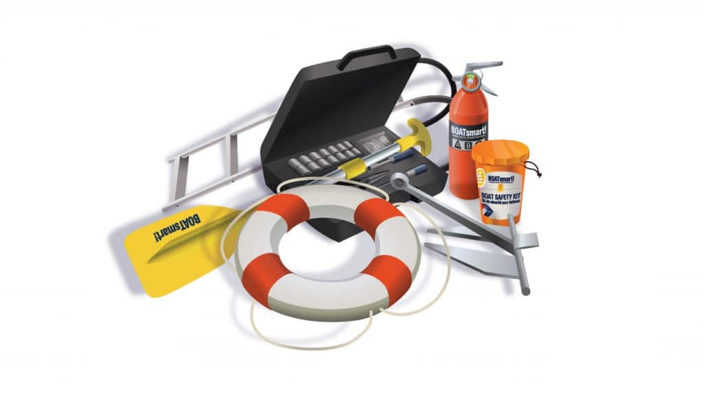 Illustration of boat safety equipment including life ring, oar, and fire extinguisher.