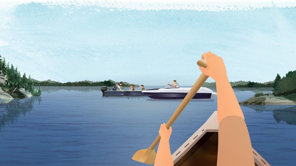 Illustration of a paddler approaching a boat collision on a calm waterway. 