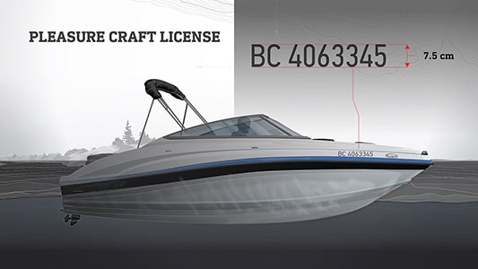 Bowrider boat with BC registration number on the side. Illustration.