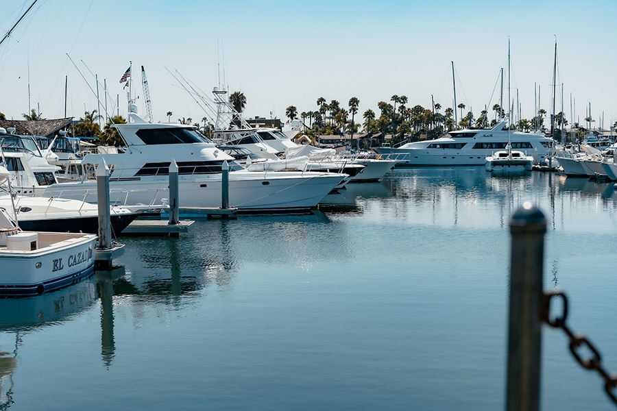 many boats docked in a pier on a sunny day