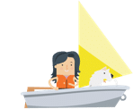 A cartoon avatar of a woman and a dog in a sailboat