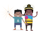 Cartoon avatars of a boy holding a boatsmart card and a girl wearing a captain helmet