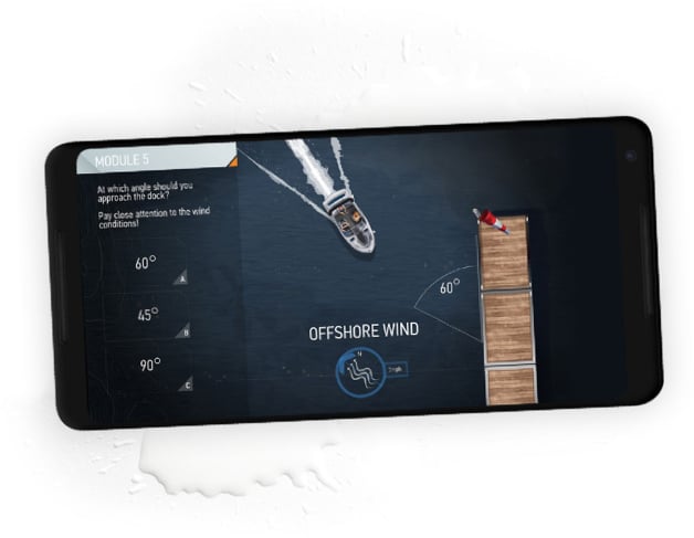 An iPhone rests on a splash of water, the screen depicting a boat arriving to shore with a captain detailing an offshore wind