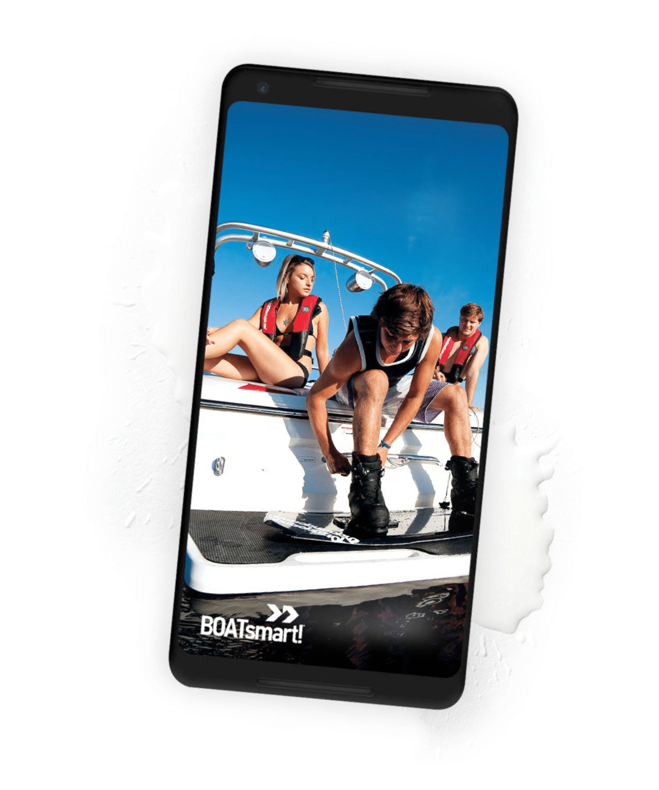 a mobile phone with an image of a wake boarder and friends