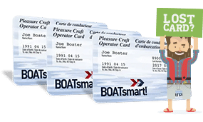 Three stacked boatsmart boating licenses behind a cartoon man holding a sign saying most popular