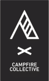Geometric line art of a tent and wood on a black background with the words Campfire Collective underneath.