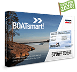 Photograph of the boatsmart printed study guide with a flag reading new for 2020