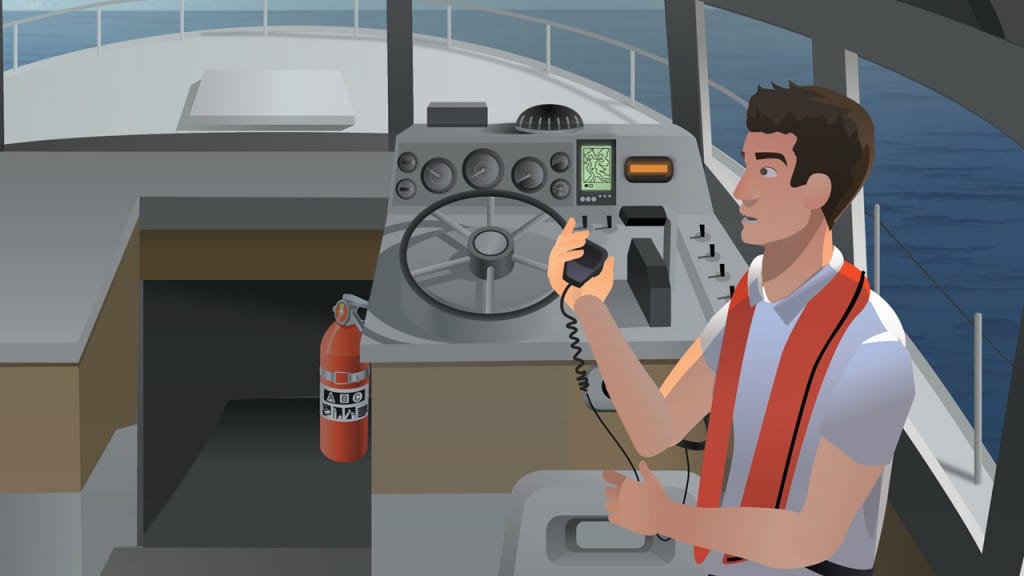 Boat Operating signaling distress with VHF Marine Radio