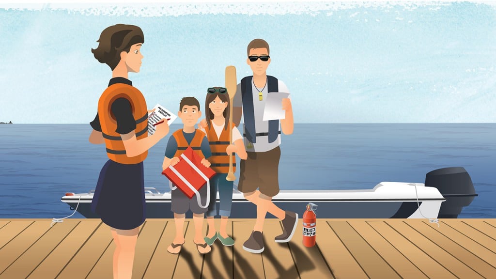 Family of boaters talking about their trip plan