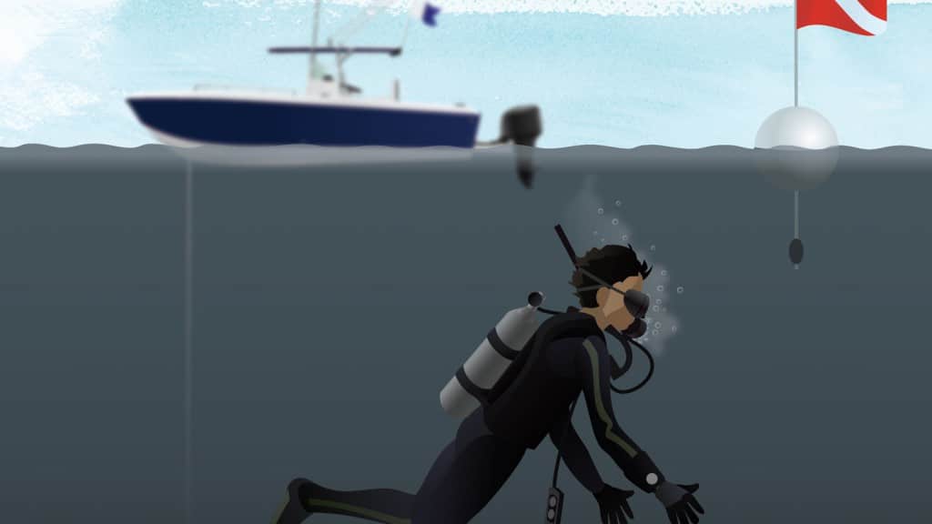 Scuba diver underwater near diver's flag